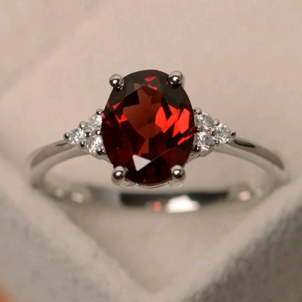 NEW Ruby Red Gemstone ring with CZ diamonds, silver, size 7